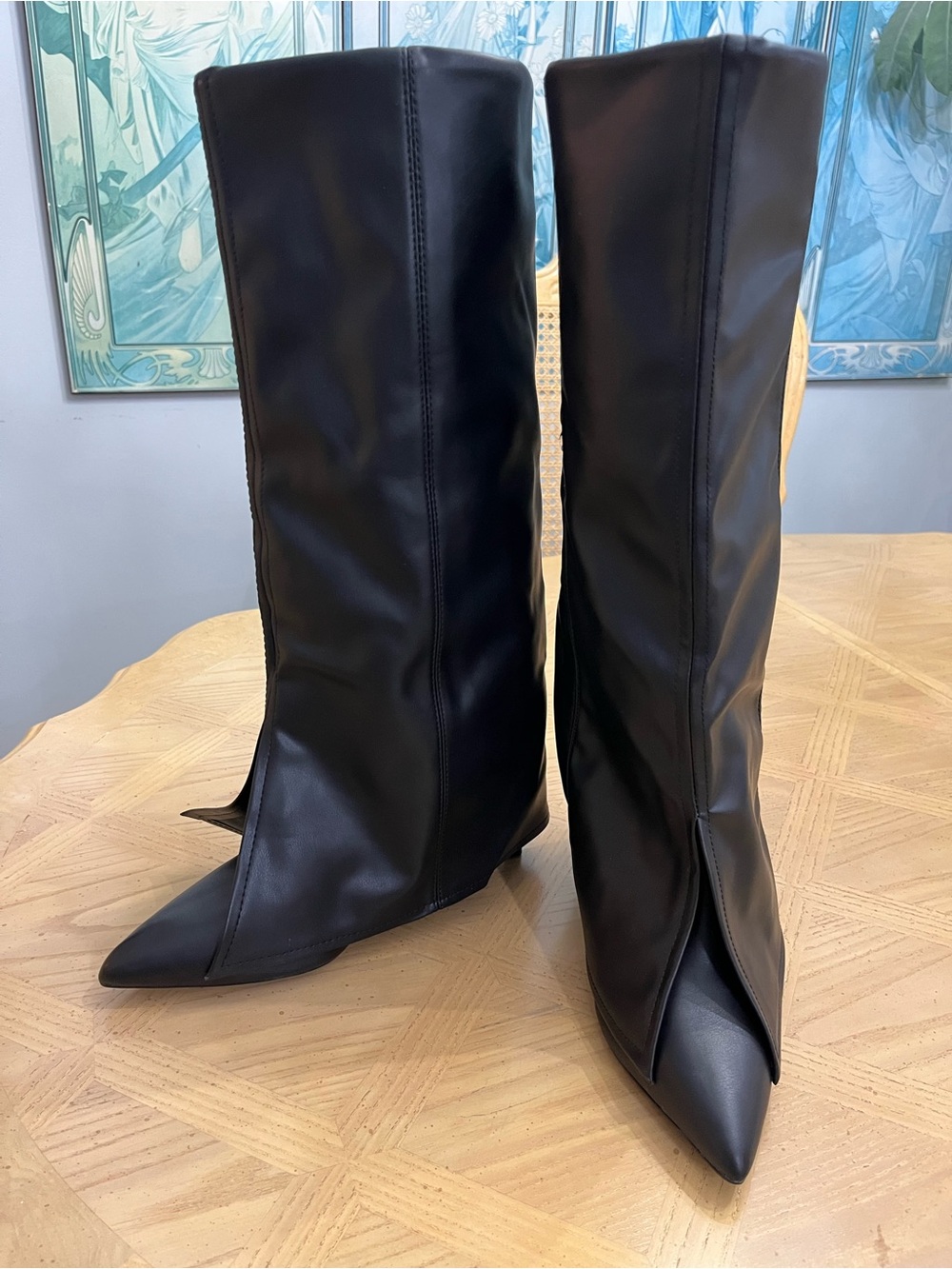 Bershka Women’s Size 38 (7.5 US) Black Pointed-Toe Almost Knee-High Heeled Boots